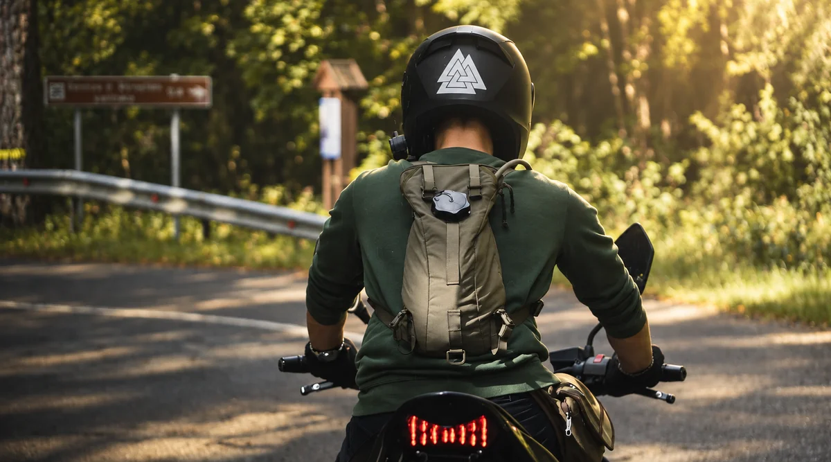 Motorcyclist riding on the road with the SturmPak pack secured