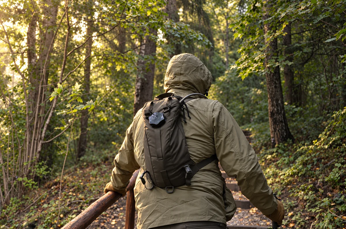 Hiker wearing the SturmPak pack ascending forest steps