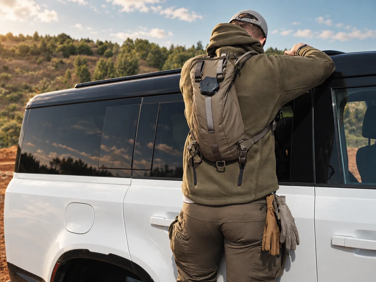 SturmPak pack worn while leaning on a white vehicle in a quarry